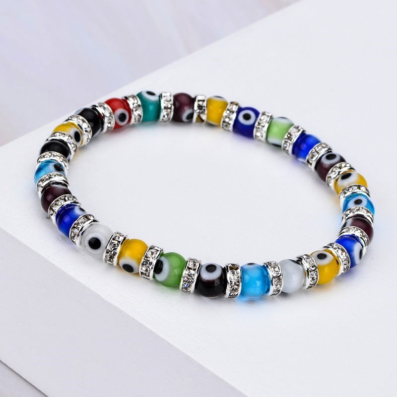 Wholesale 6mm Glass Bead Alloy Diamond Devil Eye Bead Elastic Bracelet